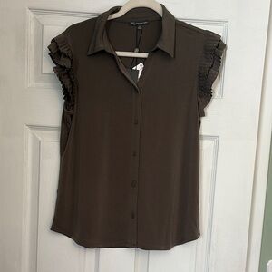 Adrianna Papell Green Button Down Blouse with Notched Collar